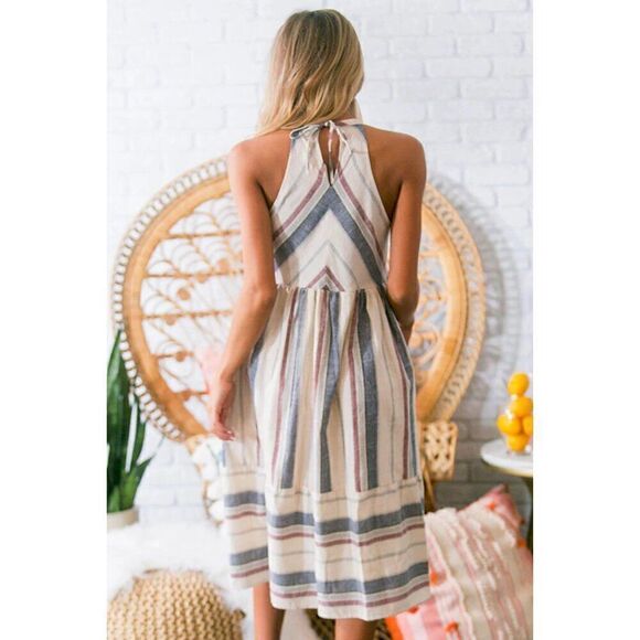EUC Urban Outfitter LOVE+Harmony Stripe Woven Linen Blend Halter Neck Midi Dress - Picture 3 of 12